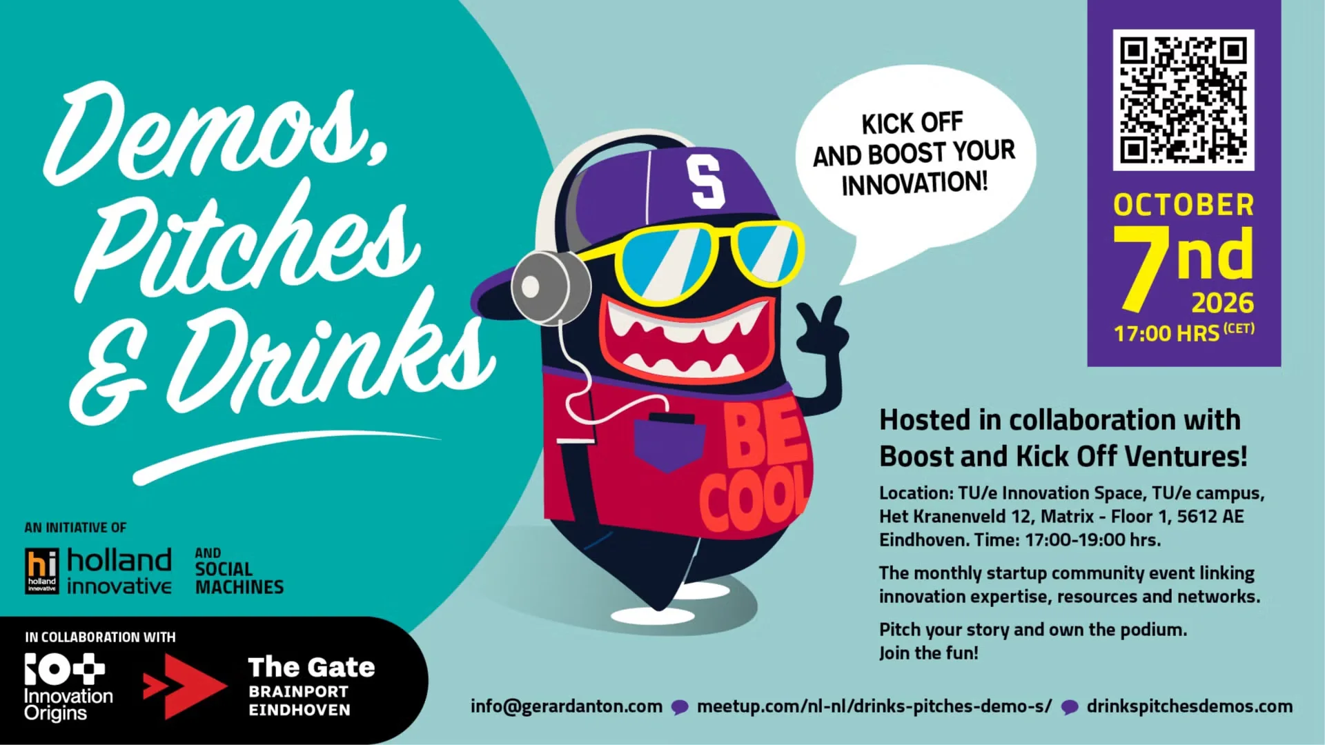 Demos, Pitches & Drinks poster for 7 October 2026, hosted with Boost and Kickoff Ventures