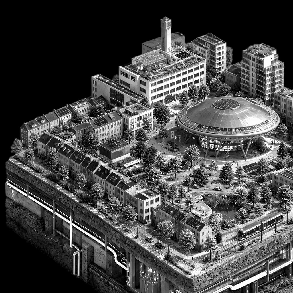 RechargEindhoven's official visual showing a miniature Eindhoven cityscape